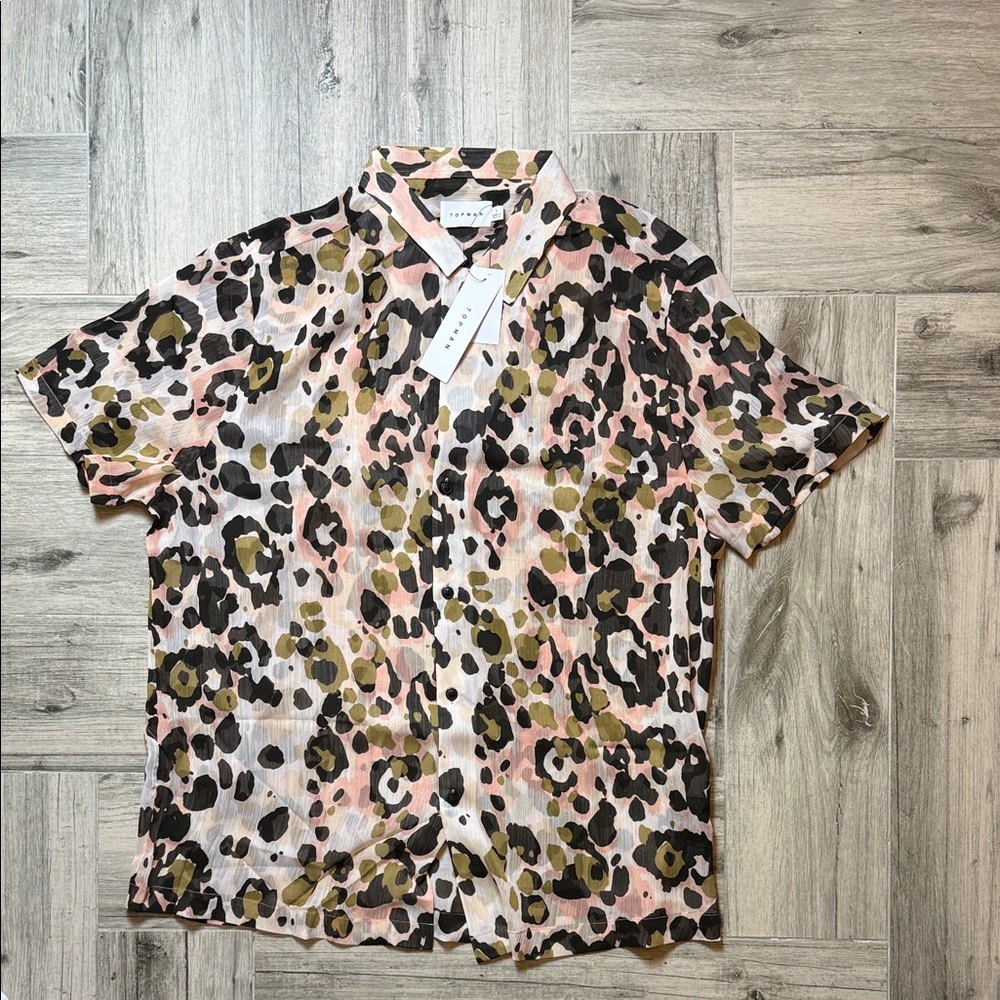 Topman Men's Leopard Print Shirt - Pink, Green, Black